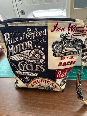 Motorcycle Print Canvas Wristlet Clutch - Black, Cream, Red